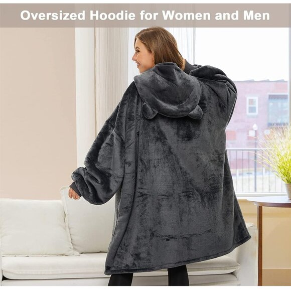 THREE POODLE Wearable Blanket Hoodie, Oversized Sherpa Blanket Sweatshirt - Picture 4 of 7